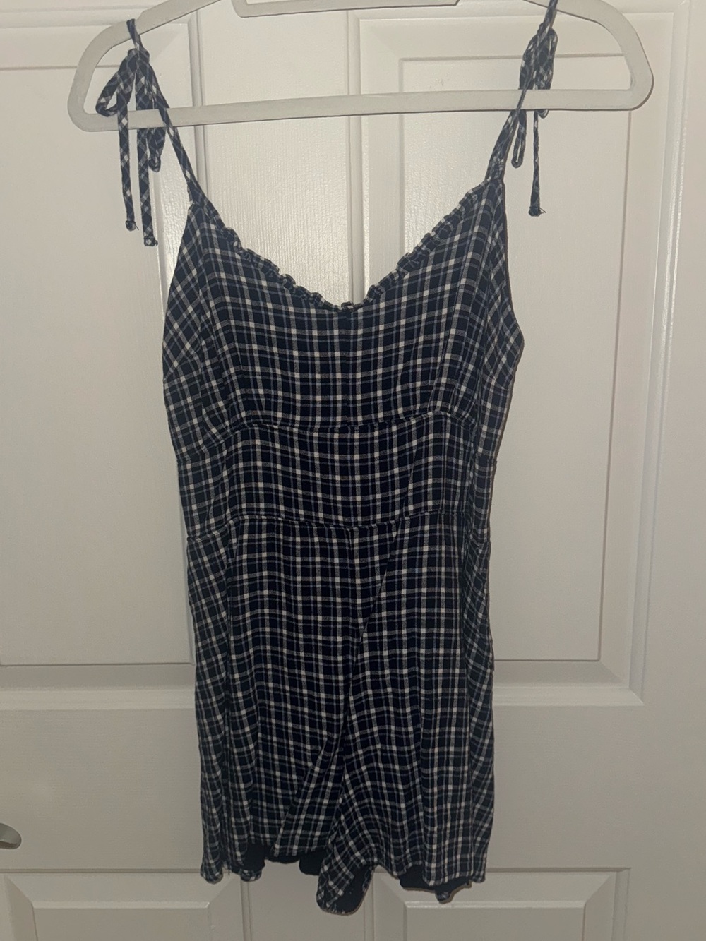 Navy and White Plaid Tie-Strap Romper